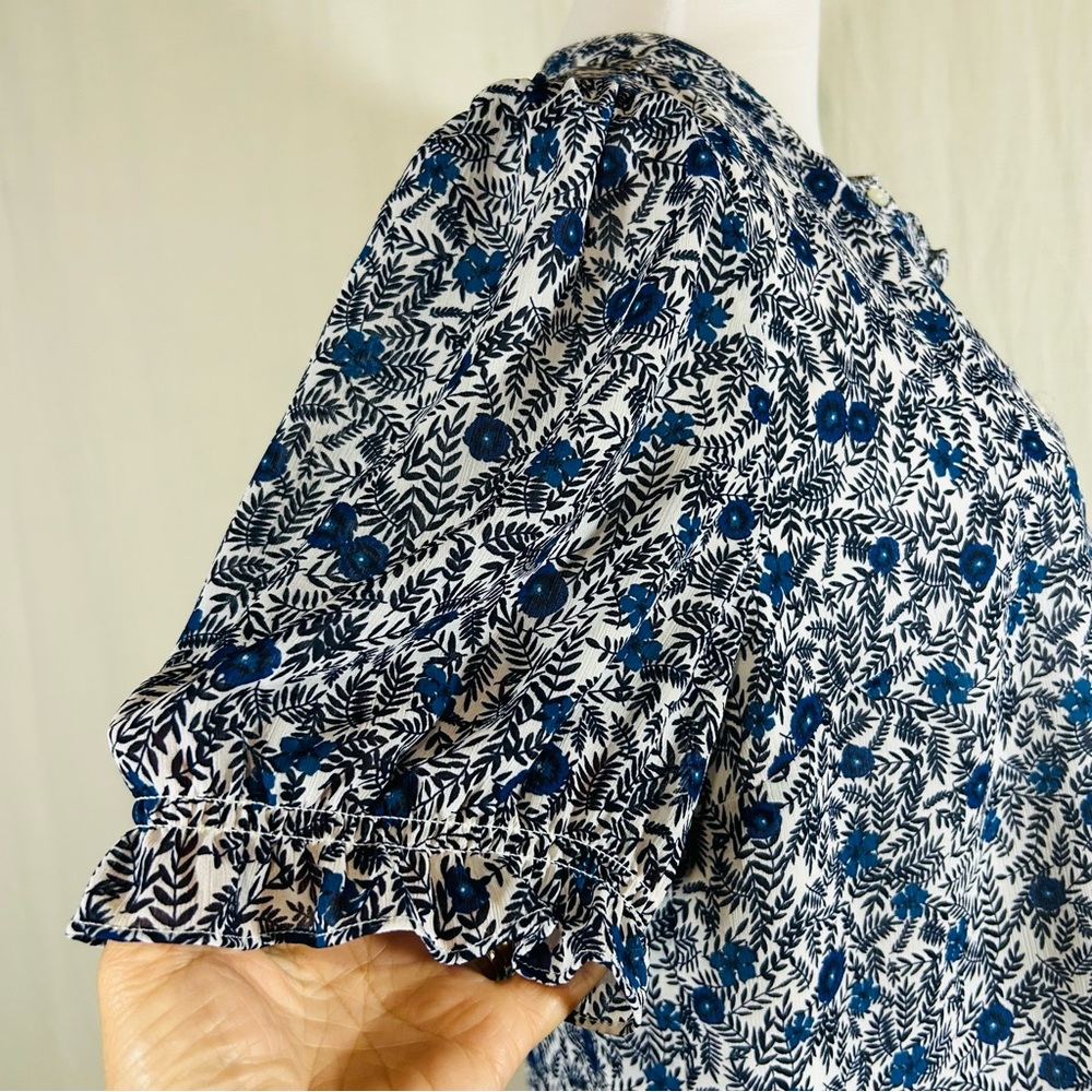 J.Crew Blue Floral Crinkle Puff-Sleeve Ruffle Button-Up Top - Picture 9 of 16